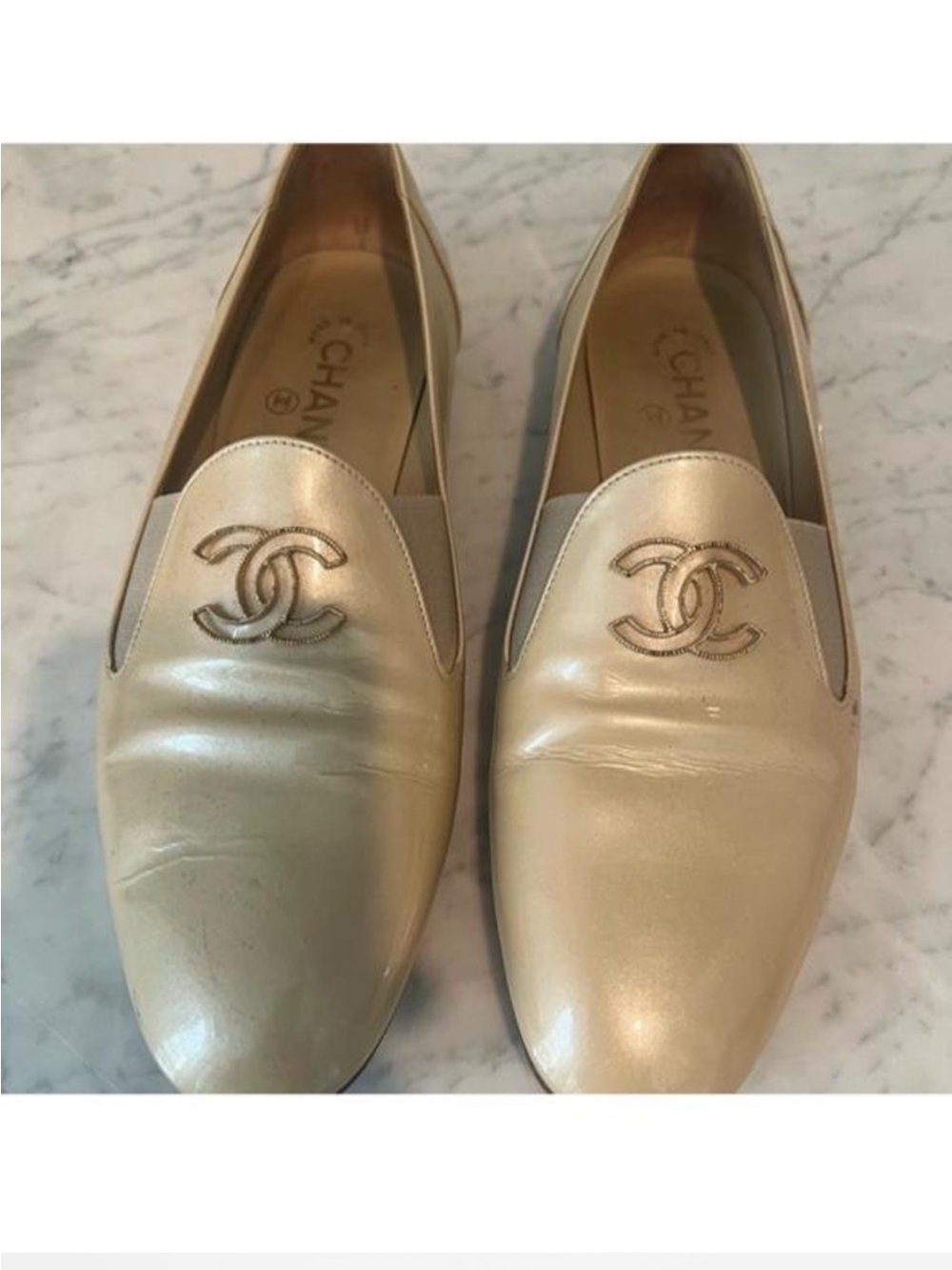 CHANEL Cream Leather Loafers with Gold CC Emblem - Picture 2 of 8